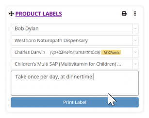 Shows an overview of the product label dashboard card with some product information entered.